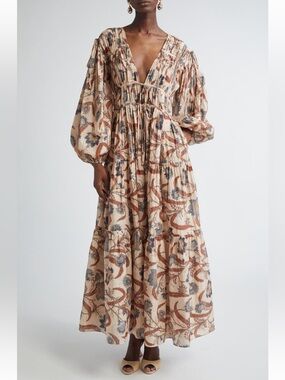Zimmermann Ascension Tie Billow Long Sleeve Tiered Maxi Dress - size 2